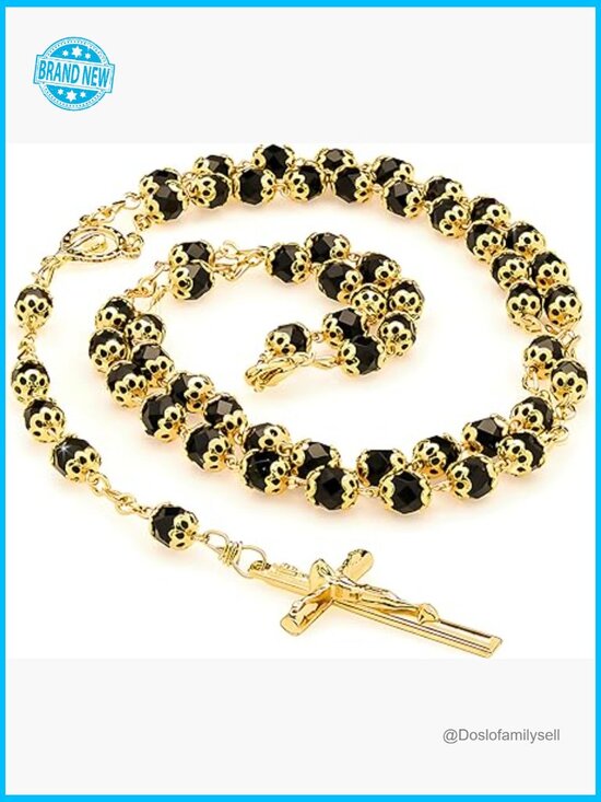 Gold Rosary Necklace with Crucifix and Black Crystal Beads for Prayer and